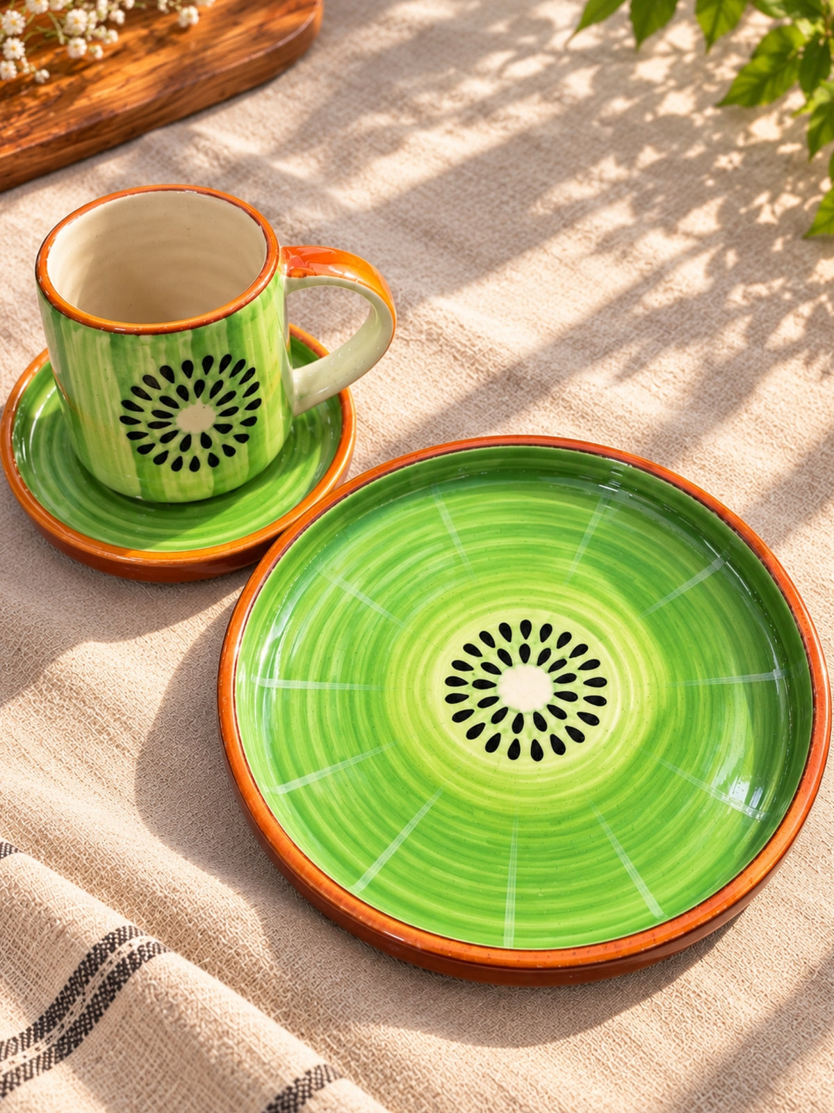 Kiwi fruit ceramic breakfast set with brown rim, handmade in Khurja