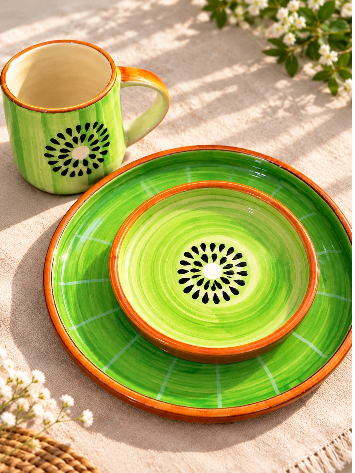 Green kiwi hand-painted ceramic mug, plate and bowl set