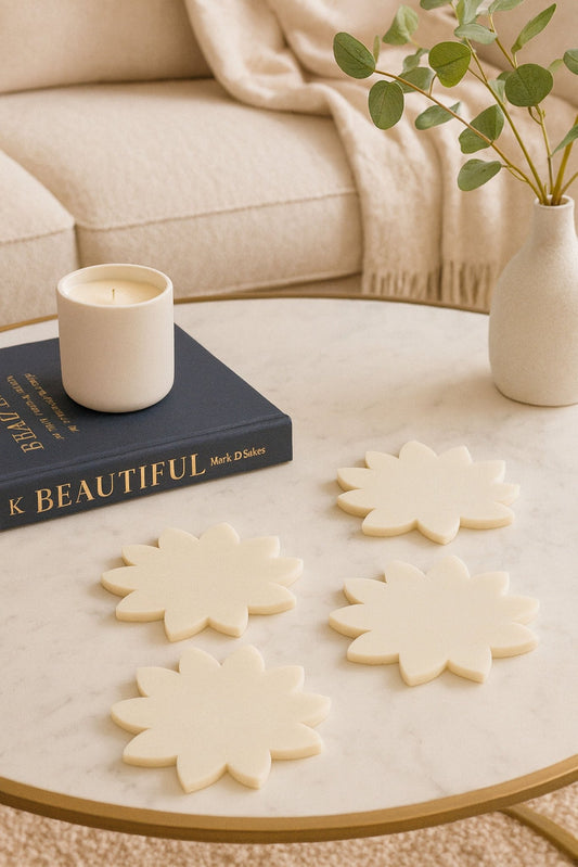 Lotus - Inspired White Marble Coaster Set of 4 | Handcrafted Premium Drink Coasters for Home & Office | Handcrafted by CHAAK DESIGN