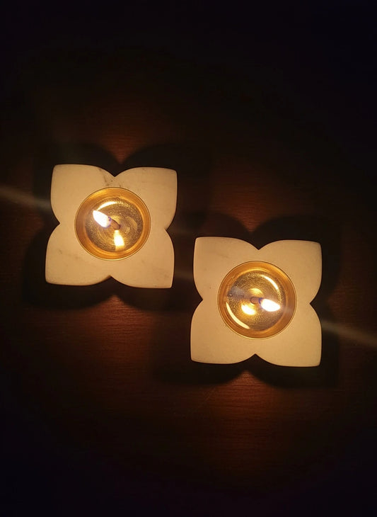 Marble & Brass Lotus Diyas – Set of 2 | Handcrafted Luxury Tea Light Holders