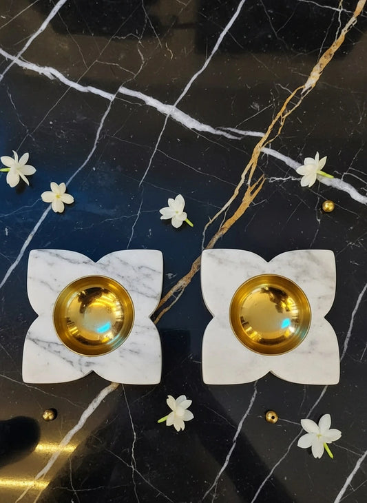 Marble & Brass Lotus Diyas – Set of 2 | Handcrafted Luxury Tea Light Holders