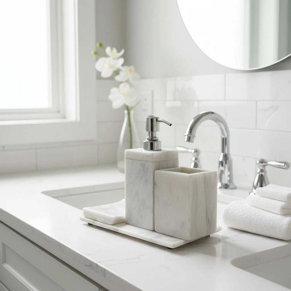 Luxury White Marble 4 - Piece Bathroom Set | Premium Bath Décor | Handcrafted by CHAAK DESIGN