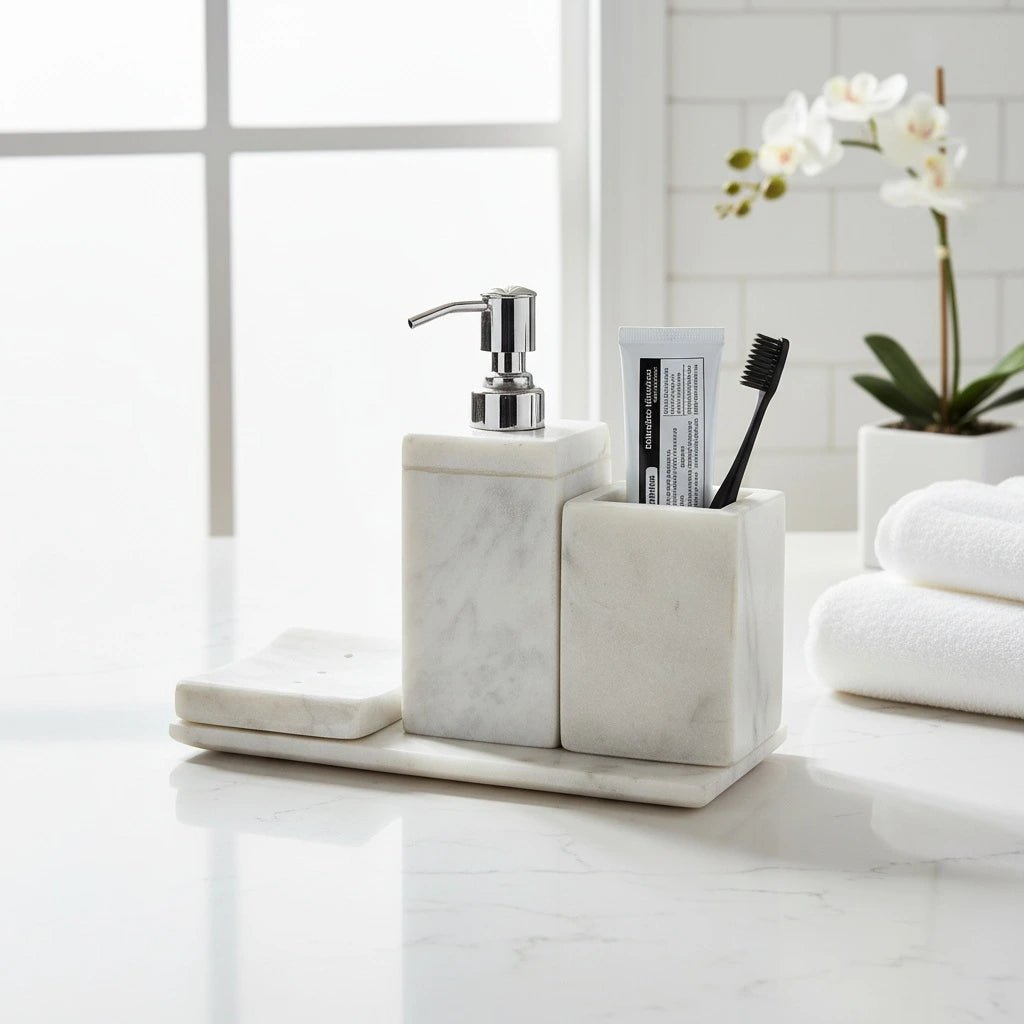 Luxury White Marble 4 - Piece Bathroom Set | Premium Bath Décor | Handcrafted by CHAAK DESIGN