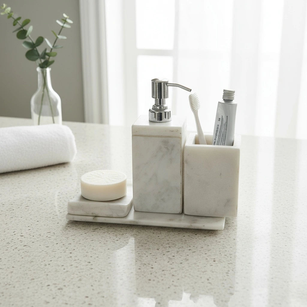 Luxury White Marble 4 - Piece Bathroom Set | Premium Bath Décor | Handcrafted by CHAAK DESIGN