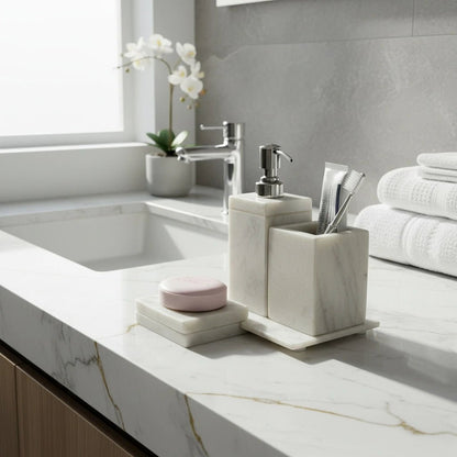 Luxury White Marble 4 - Piece Bathroom Set | Premium Bath Décor | Handcrafted by CHAAK DESIGN