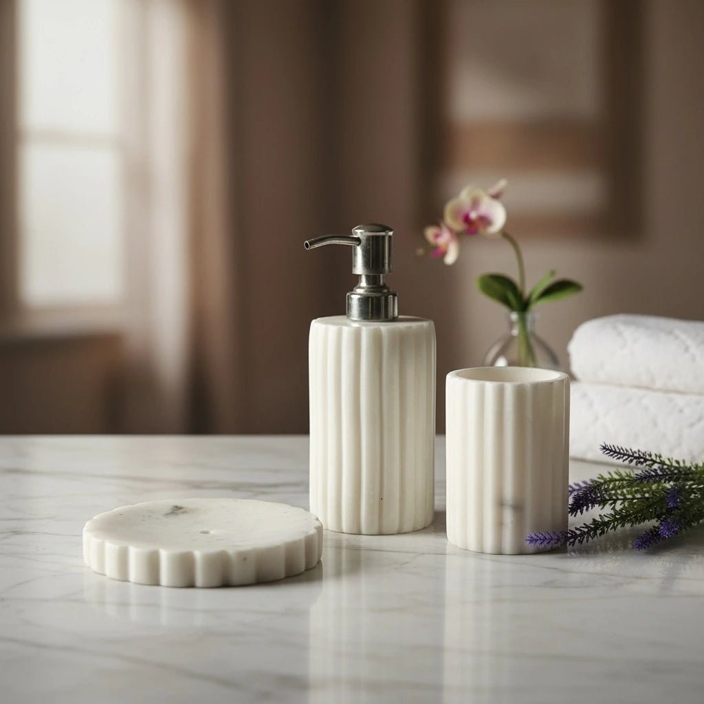 Luxury White Marble Bathroom Set | Handcrafted Bath Décor | Handcrafted by CHAAK DESIGN