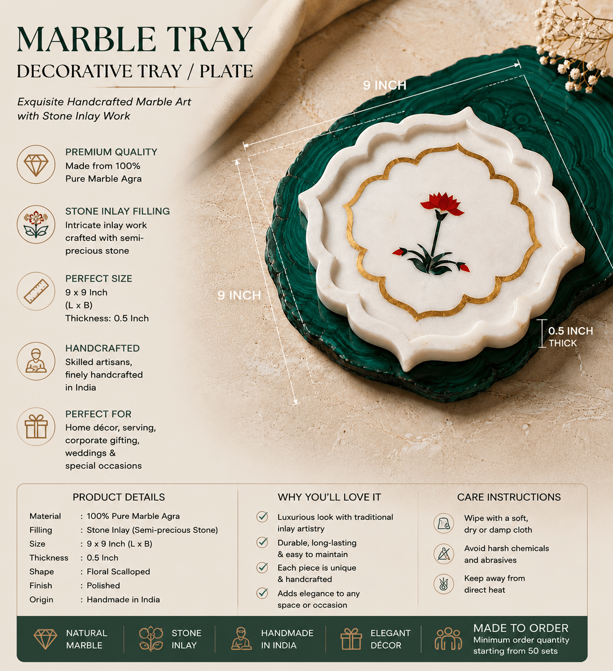 Made-to-Order Marble Tray with Stone Inlay | Custom Corporate & Wedding Gifts | Chaak Design | Handcrafted by CHAAK DESIGN