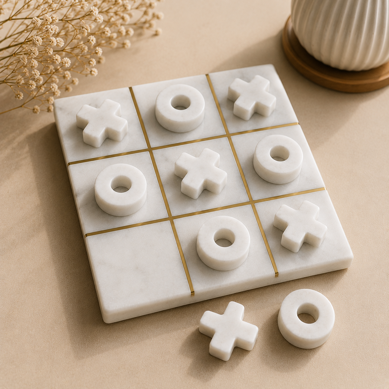 Minimalist white marble tic tac toe board game for luxury gifting and desk décor