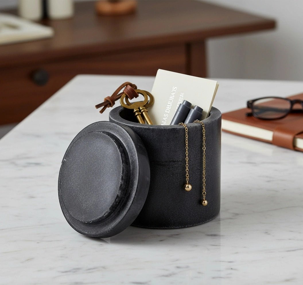 Matte Black Cylinder Storage Box with Loose - Fitting Lid | Minimalist Kitchen & Home Organizer | Handcrafted by CHAAK DESIGN