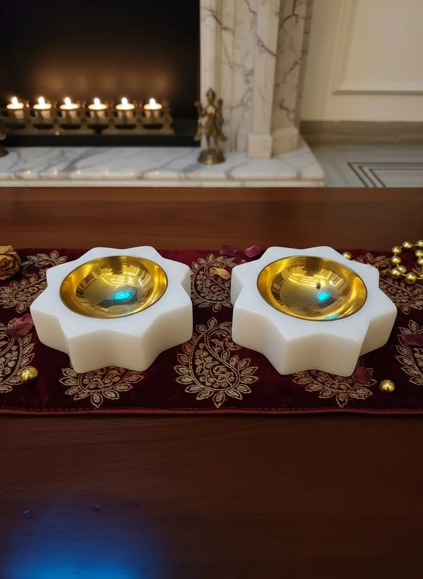 Marble & Brass Floral Diyas – Set of 2 | Handcrafted Luxury Tea Light Holders