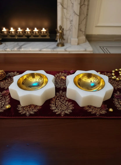 Marble & Brass Floral Diyas – Set of 2 | Handcrafted Luxury Tea Light Holders