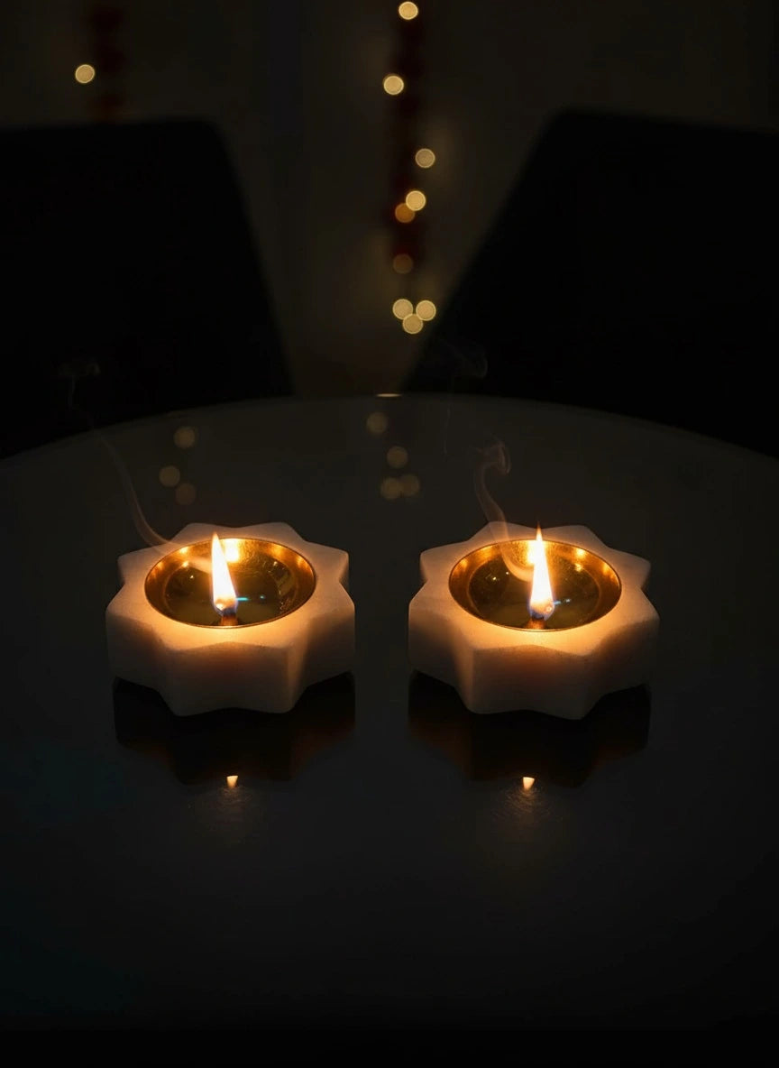 Marble & Brass Floral Diyas – Set of 2 | Handcrafted Luxury Tea Light Holders