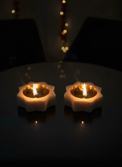 Marble & Brass Floral Diyas – Set of 2 | Handcrafted Luxury Tea Light Holders