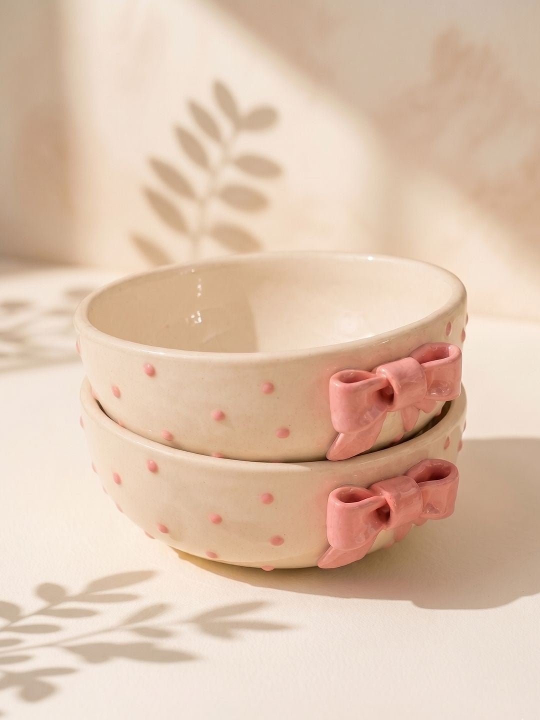 Pink Bow Ceramic Bowl – Cute Ribbon Dessert Bowl for Snacks, Cereal & Soup | Handcrafted by CHAAK DESIGN