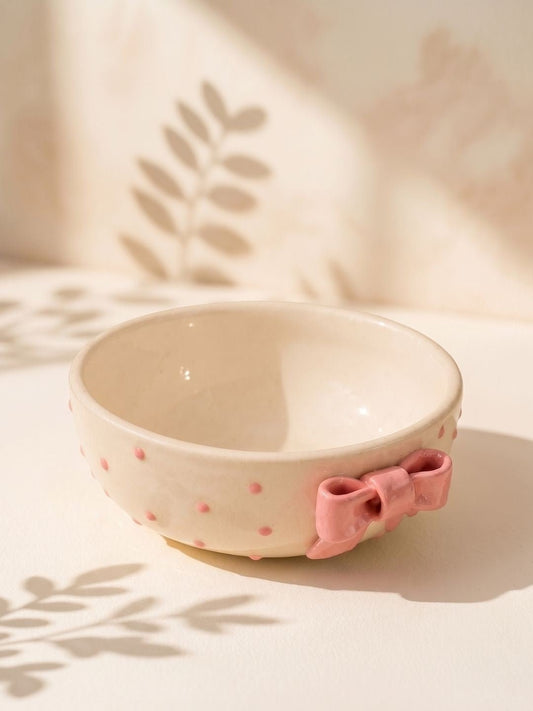 Pink Bow Ceramic Bowl – Cute Ribbon Dessert Bowl for Snacks, Cereal & Soup | Handcrafted by CHAAK DESIGN