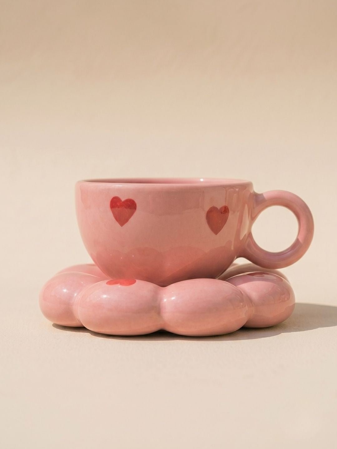 Pink Heart Bubble Mug & Saucer Set – Cute Ceramic Coffee Cup for Tea Lovers | Handcrafted by CHAAK DESIGN