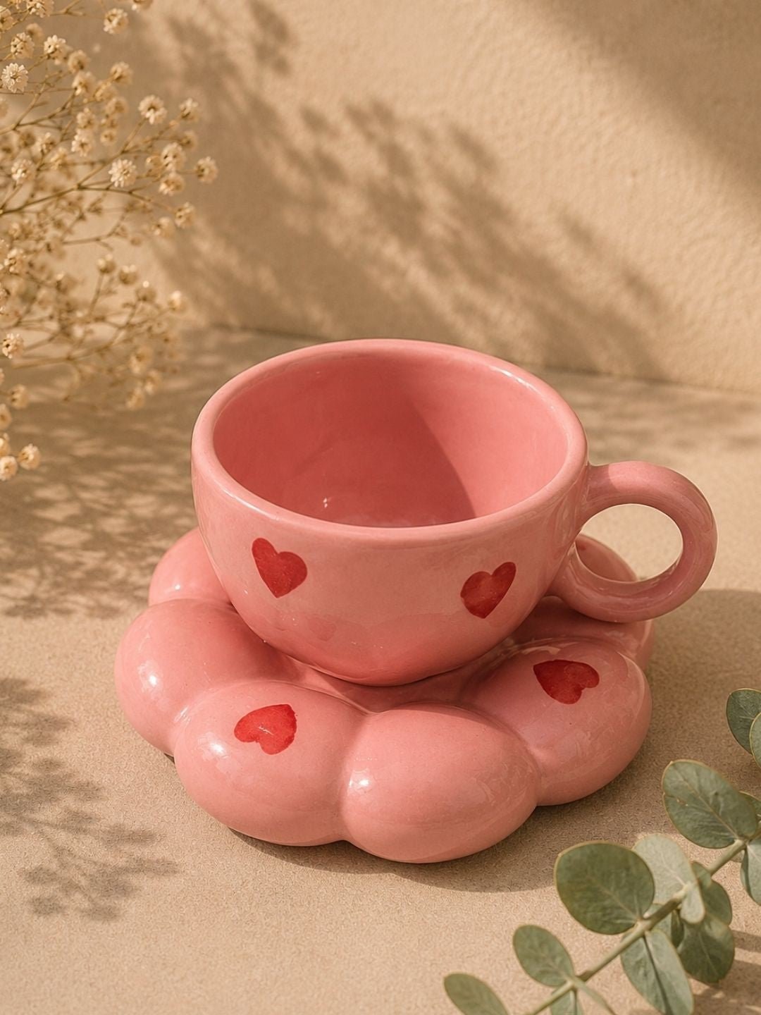 Pink Heart Bubble Mug & Saucer Set – Cute Ceramic Coffee Cup for Tea Lovers | Handcrafted by CHAAK DESIGN