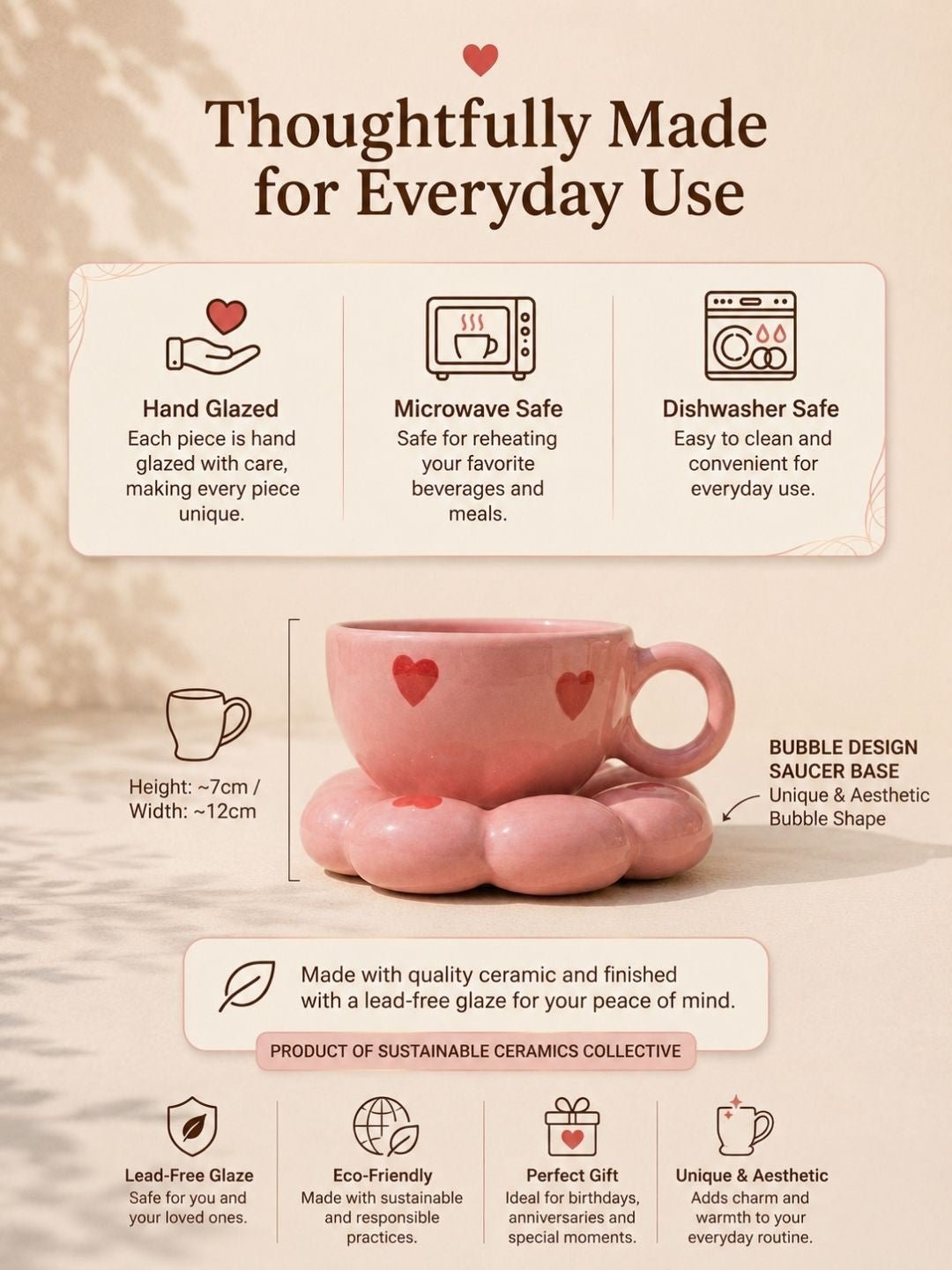 Pink Heart Bubble Mug & Saucer Set – Cute Ceramic Coffee Cup for Tea Lovers | Handcrafted by CHAAK DESIGN