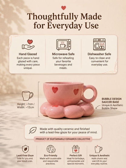 Pink Heart Bubble Mug & Saucer Set – Cute Ceramic Coffee Cup for Tea Lovers | Handcrafted by CHAAK DESIGN