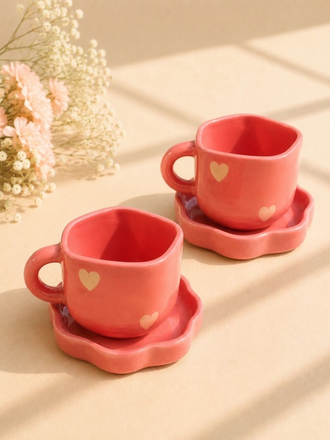 Pink Heart Ceramic Coffee Cup & Saucer Set – Cute Mug for Coffee, Tea & Gifts | Handcrafted by CHAAK DESIGN