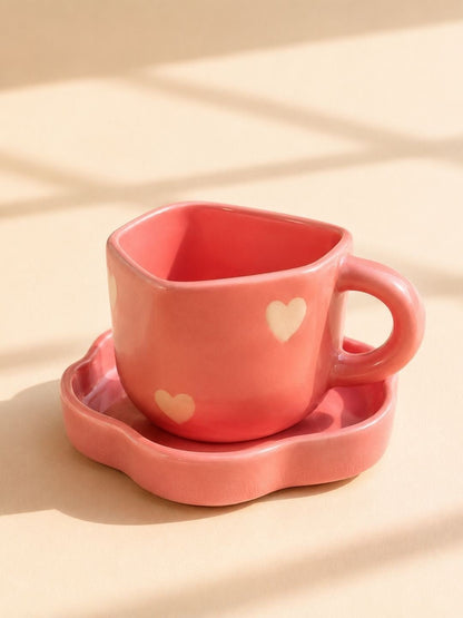 Pink Heart Ceramic Coffee Cup & Saucer Set – Cute Mug for Coffee, Tea & Gifts | Handcrafted by CHAAK DESIGN