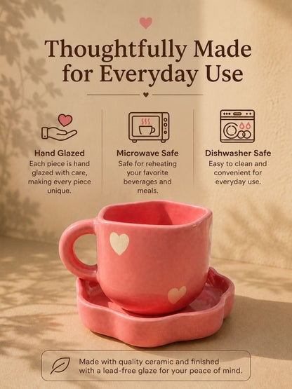 Pink Heart Ceramic Coffee Cup & Saucer Set – Cute Mug for Coffee, Tea & Gifts | Handcrafted by CHAAK DESIGN