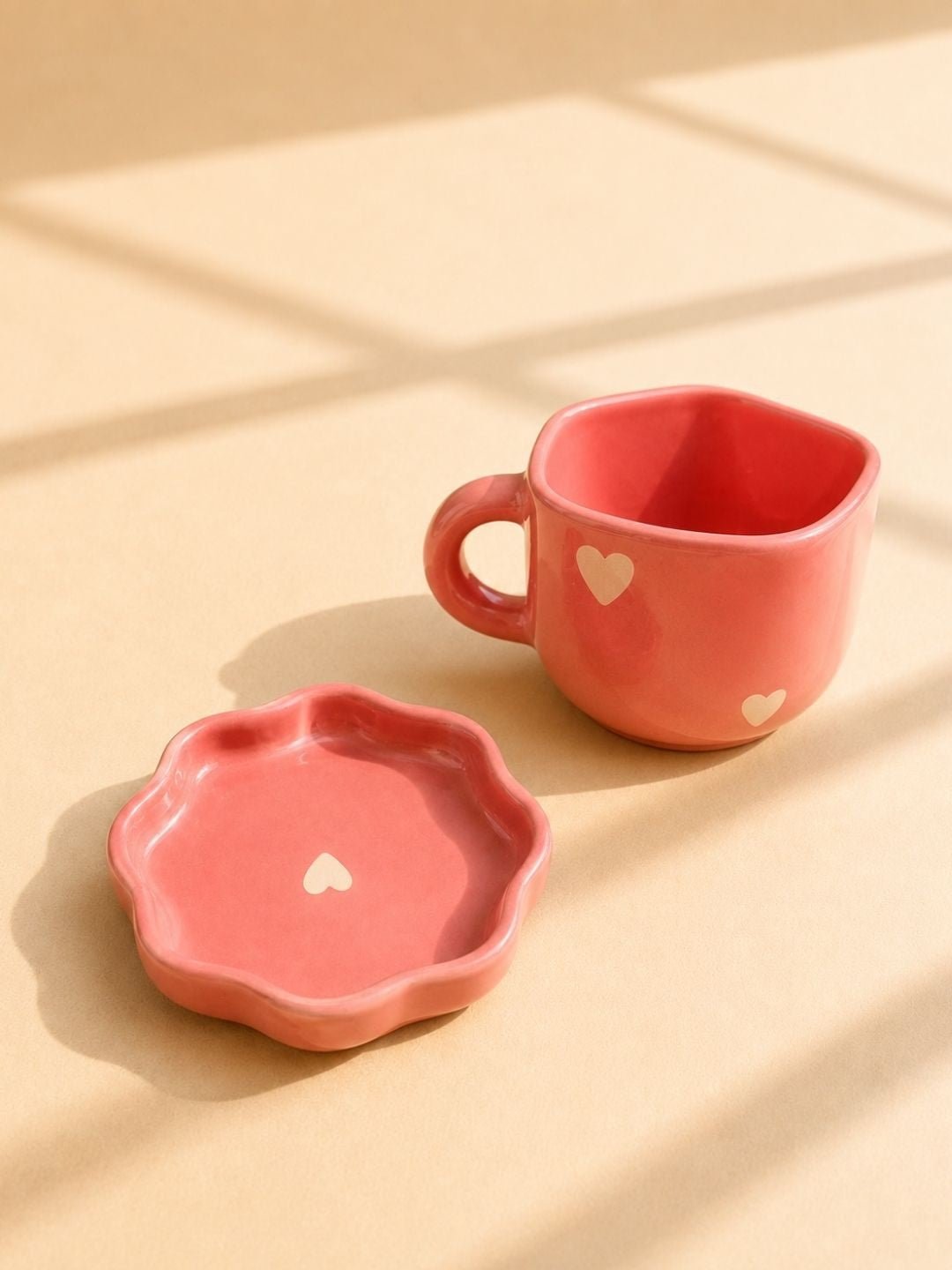 Pink Heart Ceramic Coffee Cup & Saucer Set – Cute Mug for Coffee, Tea & Gifts | Handcrafted by CHAAK DESIGN