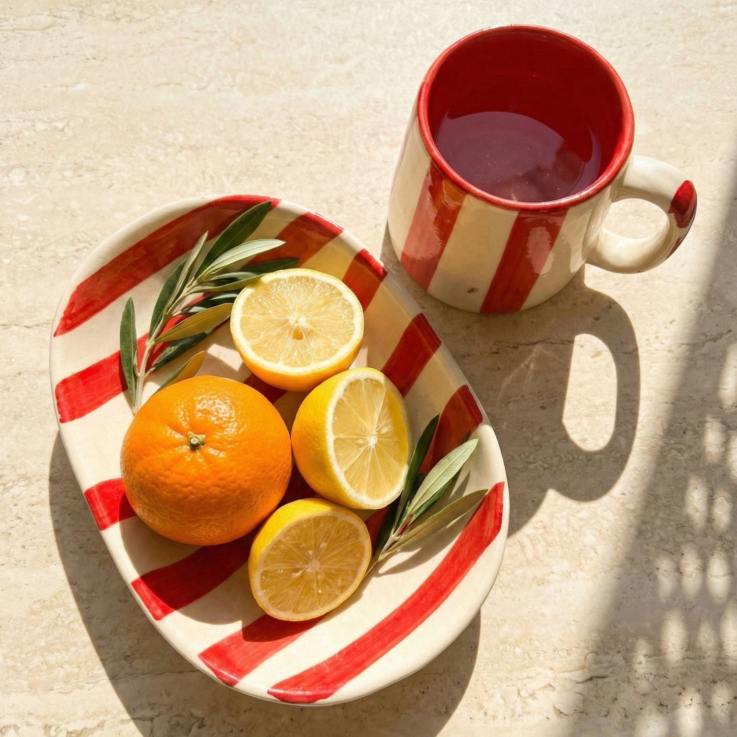 Red Stripe Handcrafted Ceramic Tableware Set (Plate, Serving Plate & Mug) | Handcrafted by CHAAK DESIGN