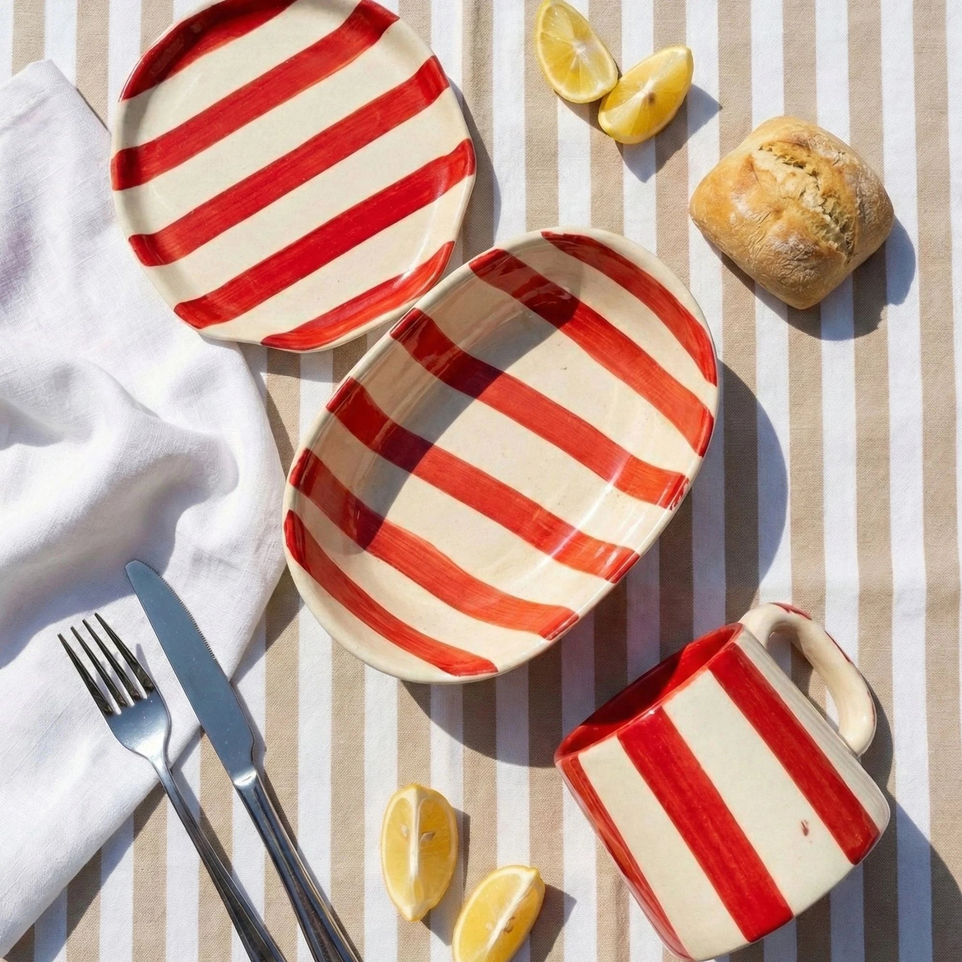 Red Stripe Handcrafted Ceramic Tableware Set (Plate, Serving Plate & Mug) | Handcrafted by CHAAK DESIGN