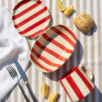 Red Stripe Handcrafted Ceramic Tableware Set (Plate, Serving Plate & Mug) | Handcrafted by CHAAK DESIGN