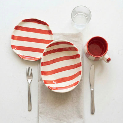 Red Stripe Handcrafted Ceramic Tableware Set (Plate, Serving Plate & Mug) | Handcrafted by CHAAK DESIGN