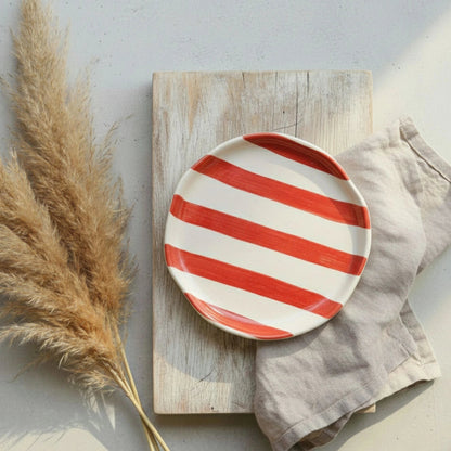 Red Stripe Handcrafted Ceramic Tableware Set (Plate, Serving Plate & Mug) | Handcrafted by CHAAK DESIGN