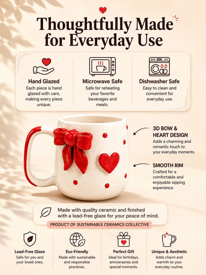 Mug with red bow and heart design, featuring text about its features and benefits.