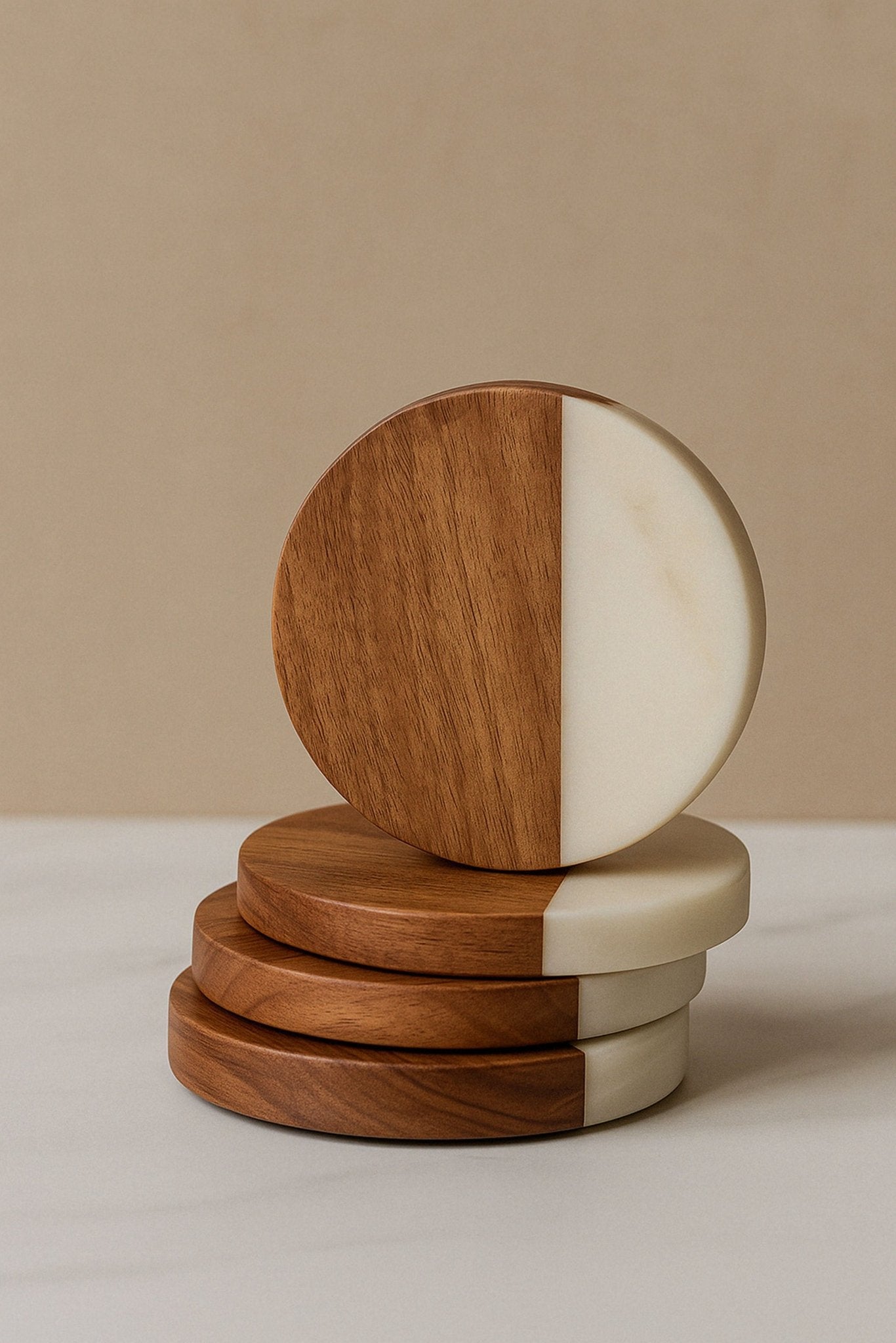 Round Marble and Wood Coasters Set of 4 | Handcrafted Tableware | Handcrafted by CHAAK DESIGN