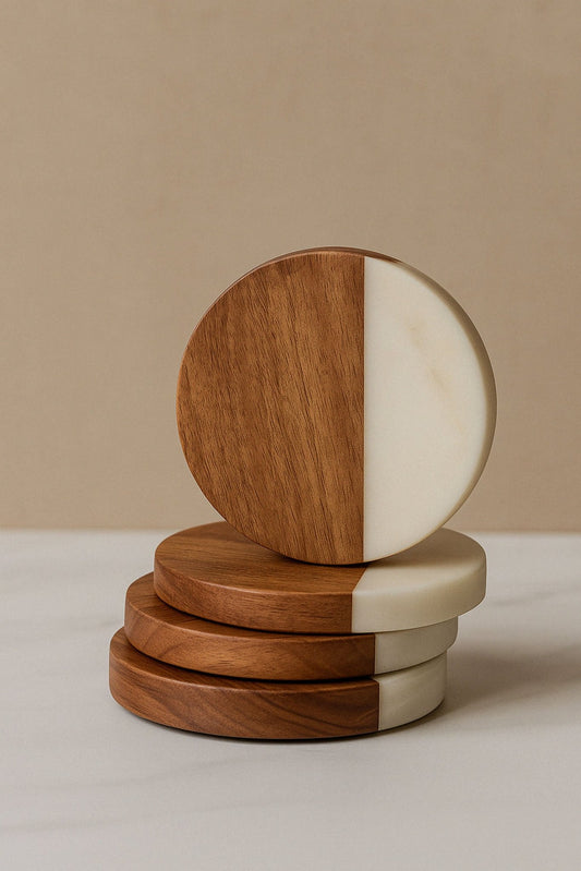 Round Marble and Wood Coasters Set of 4 | Handcrafted Tableware | Handcrafted by CHAAK DESIGN