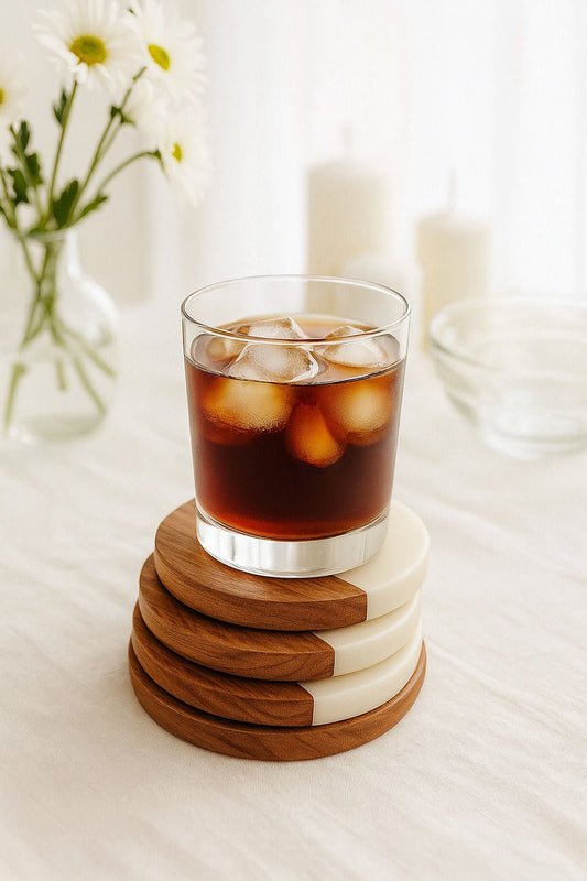 Round Marble and Wood Coasters Set of 4 | Handcrafted Tableware | Handcrafted by CHAAK DESIGN