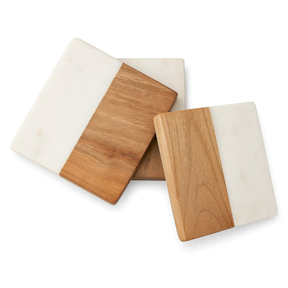 Square Marble & Wood Coasters Set of 4 | Chaak Design Tableware | Handcrafted by CHAAK DESIGN