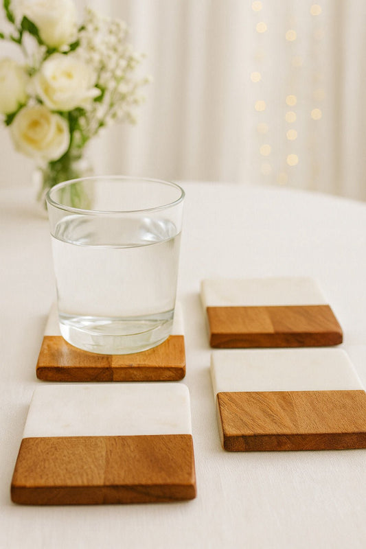 Square Marble & Wood Coasters Set of 4 | Chaak Design Tableware | Handcrafted by CHAAK DESIGN