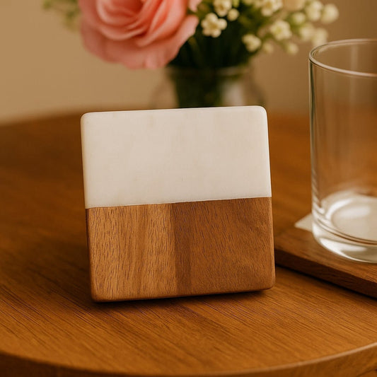 Square Marble & Wood Coasters Set of 4 | Chaak Design Tableware | Handcrafted by CHAAK DESIGN
