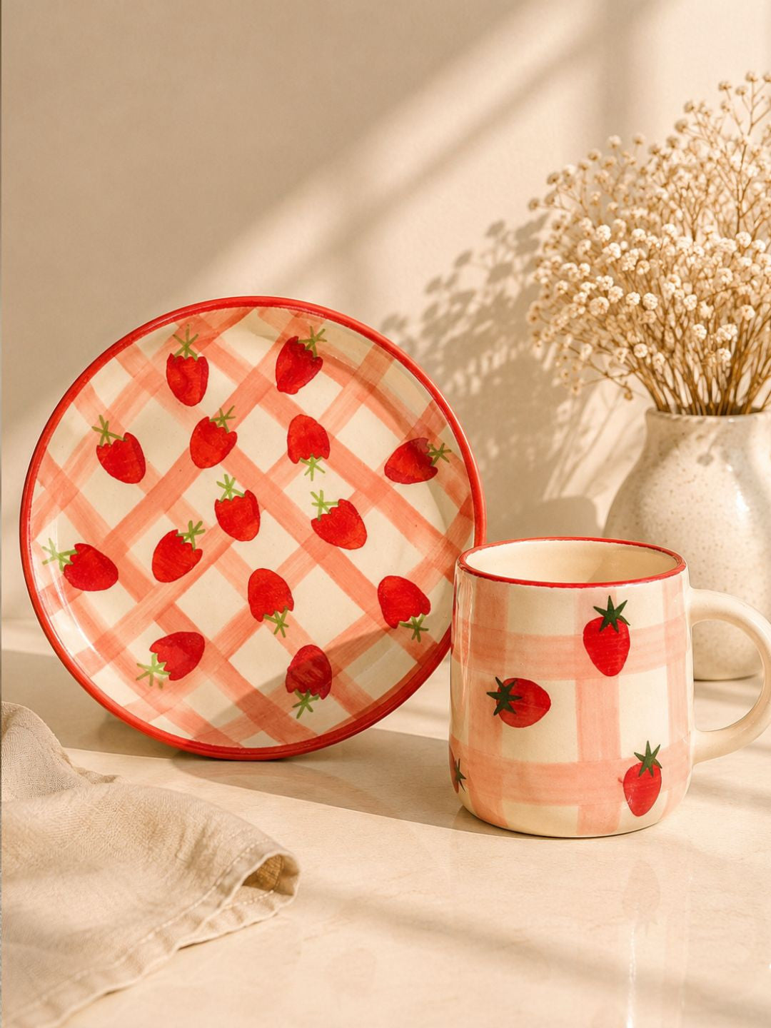 Handcrafted Strawberry Ceramic Breakfast Set | Mug & Plate Combo | Cute Breakfast Gift Set | Chaak Design