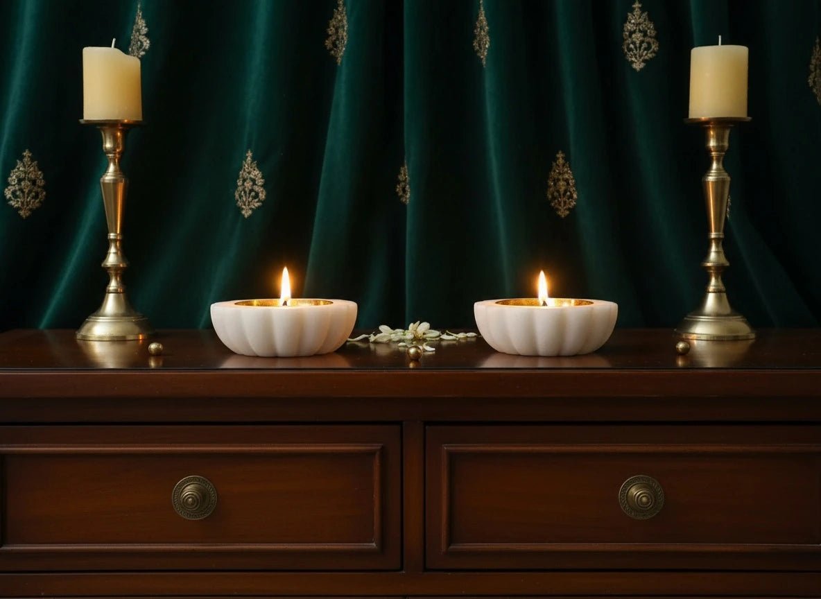 White Marble & Brass Diyas Set of 2 | Luxury Handmade Tea Light Holders | Handcrafted by CHAAK DESIGN