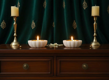 White Marble & Brass Diyas Set of 2 | Luxury Handmade Tea Light Holders | Handcrafted by CHAAK DESIGN